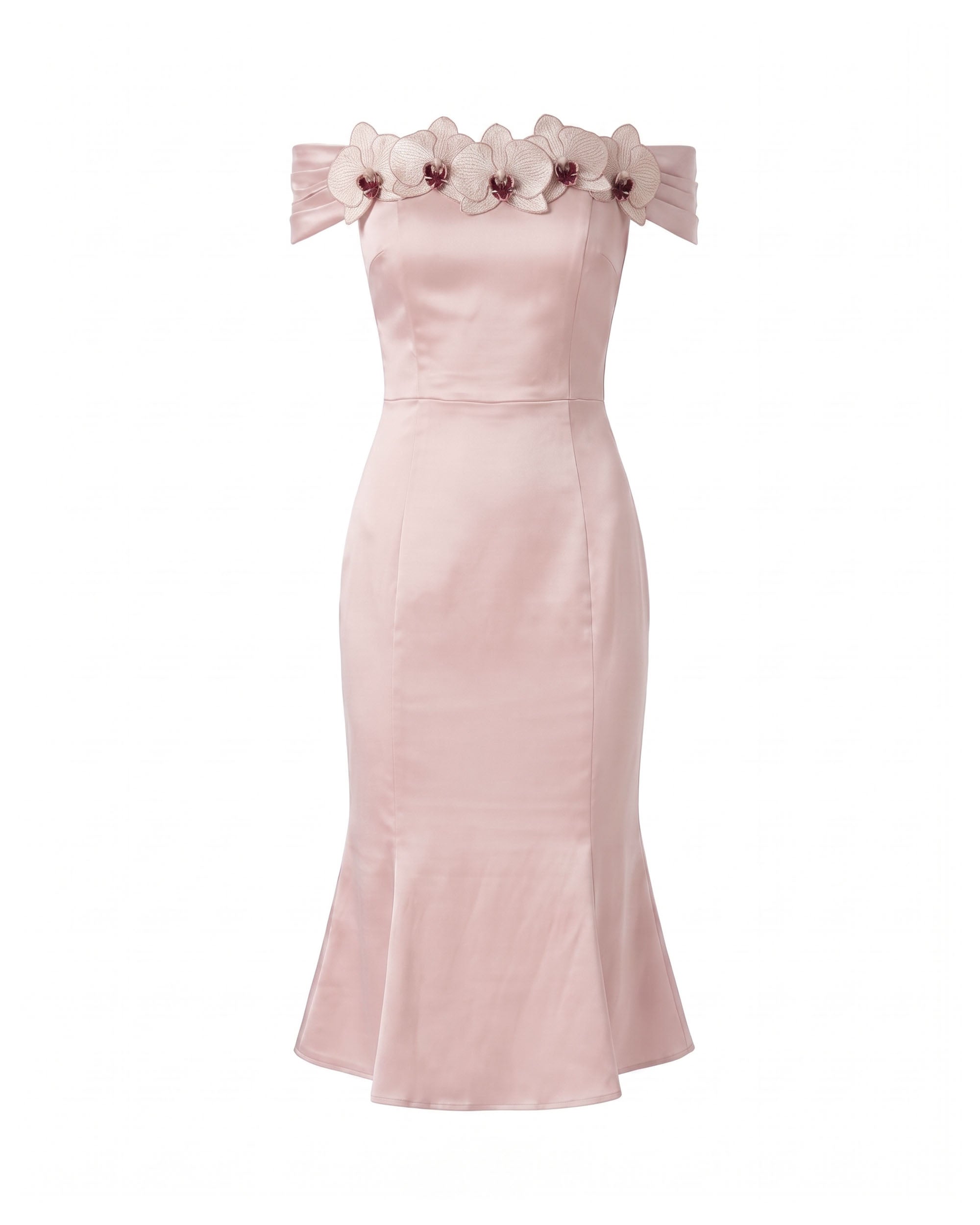off shoulder satin midi dress Orchid Embroidered Appliqué Off-Shoulder Satin Midi Dress - Blush Pink