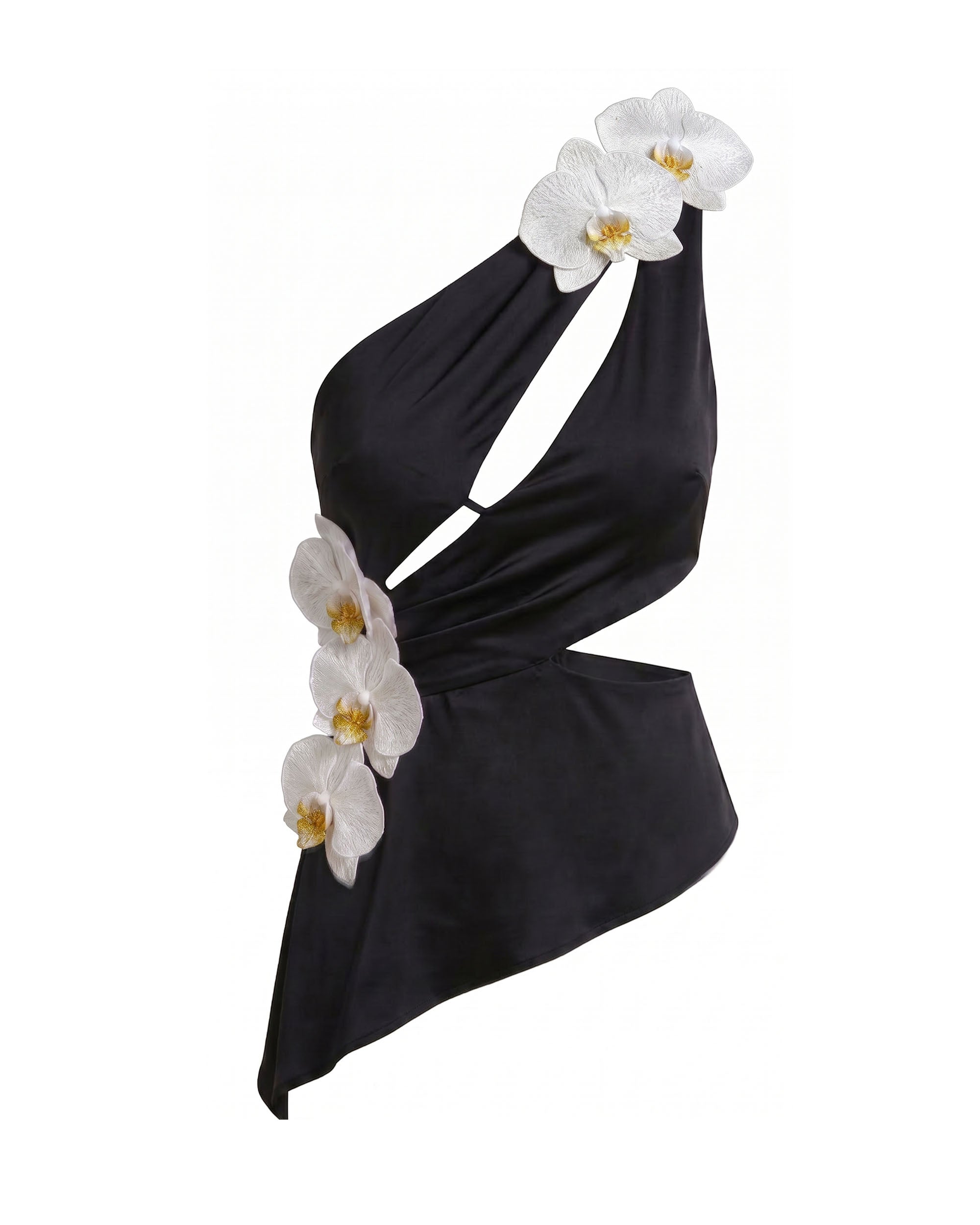 Orchid Embroidered Appliqué Asymmetric Cut-Out Halter Top - Black