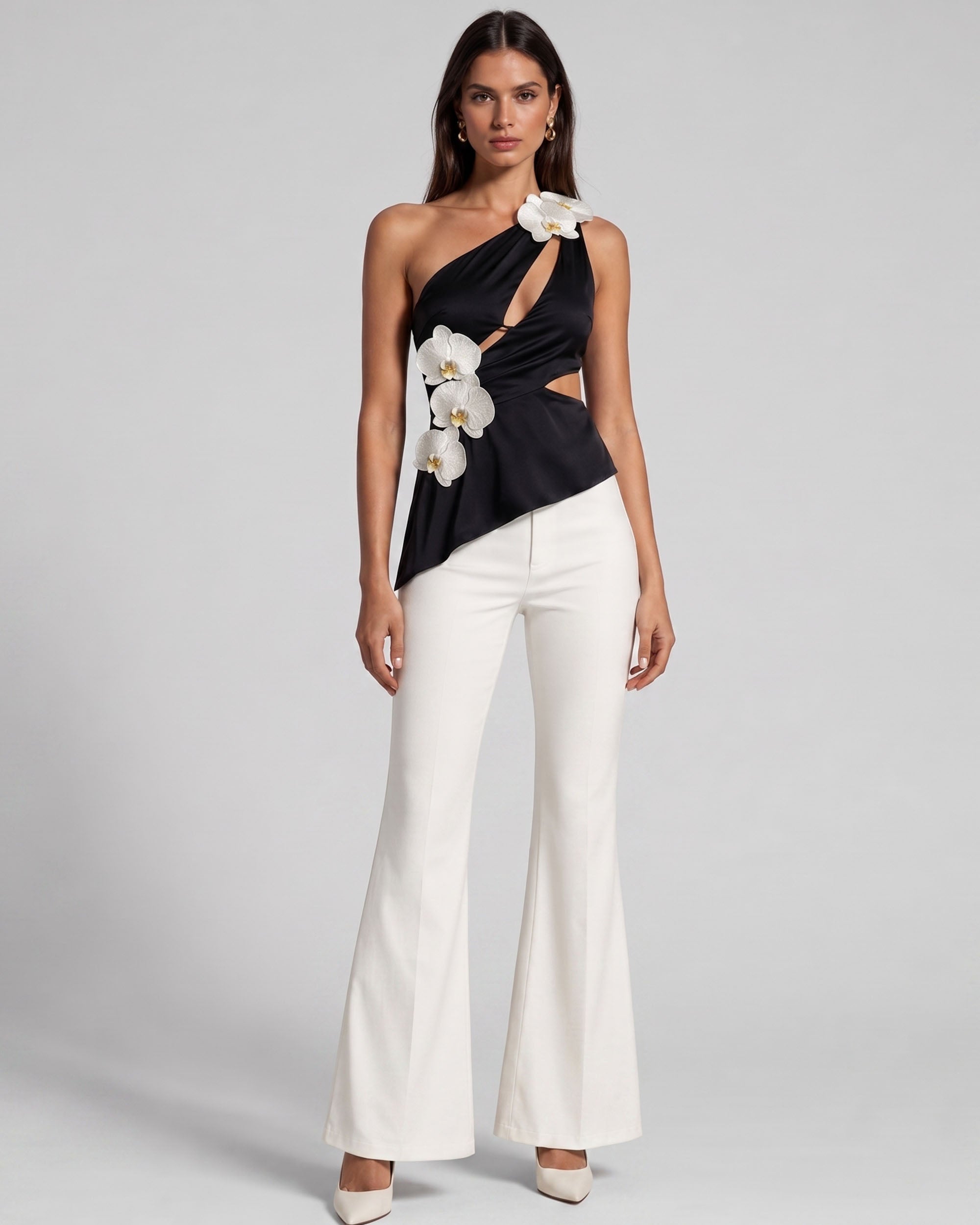 Orchid Embroidered Appliqué Asymmetric Cut-Out Halter Top - Black