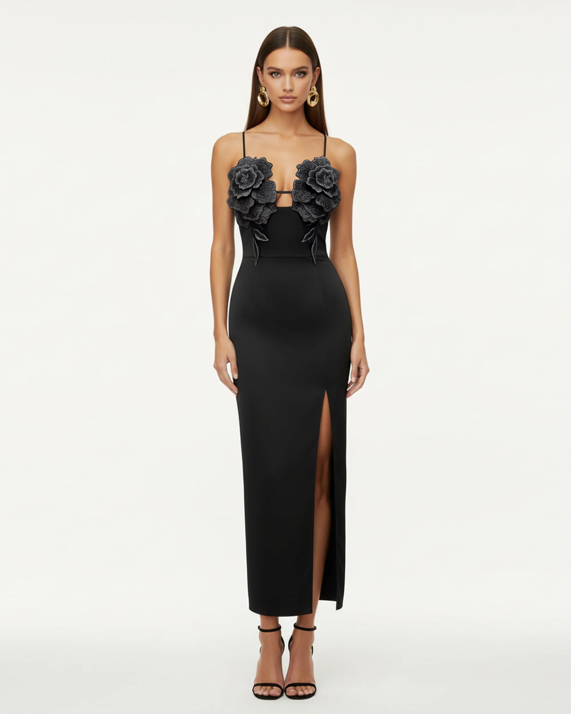 3D Floral Strappy Maxi Dress - Black 8