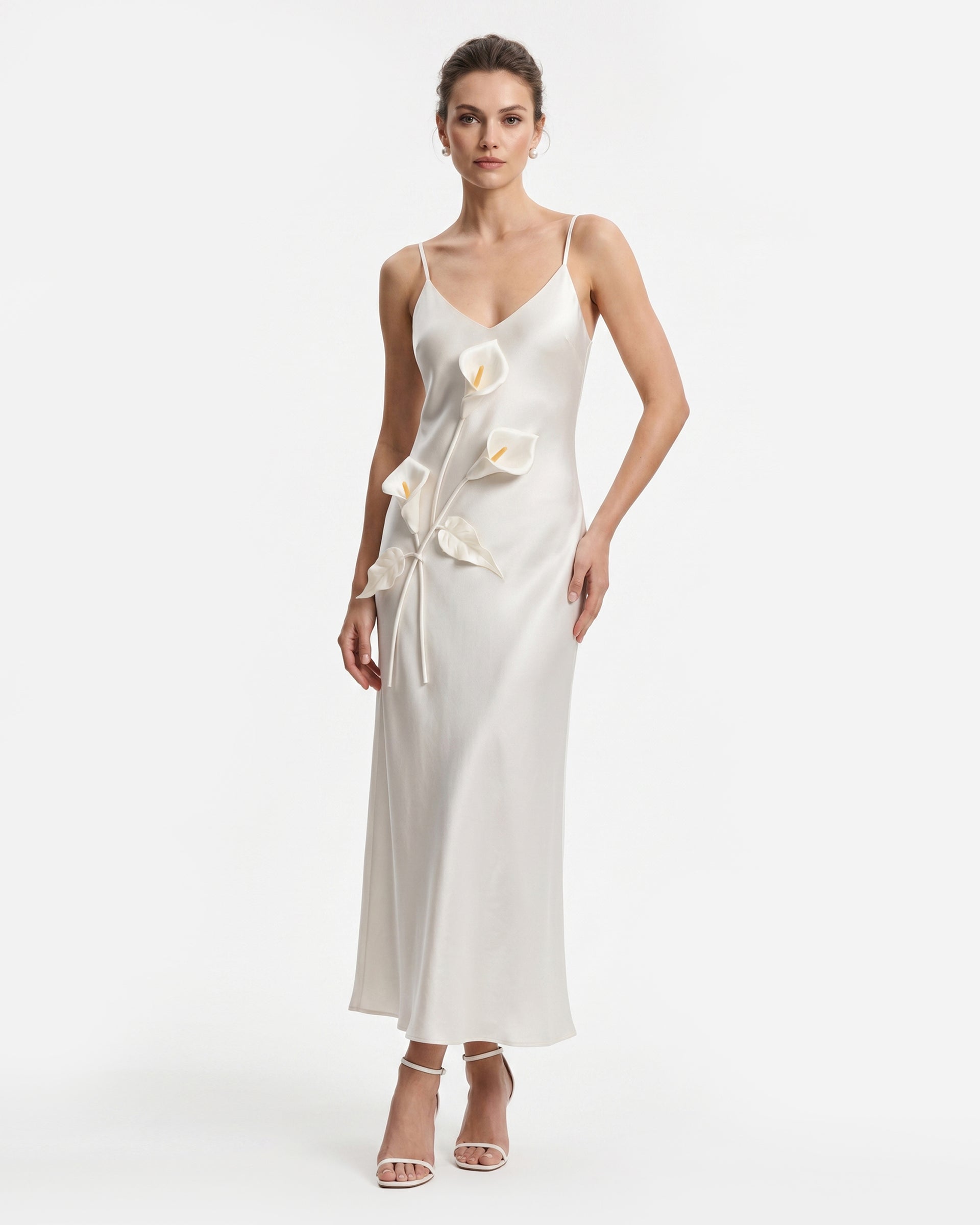 silk spaghetti strap dress Floral Appliqué Spaghetti Strap Slip Maxi Dress - Ivory
