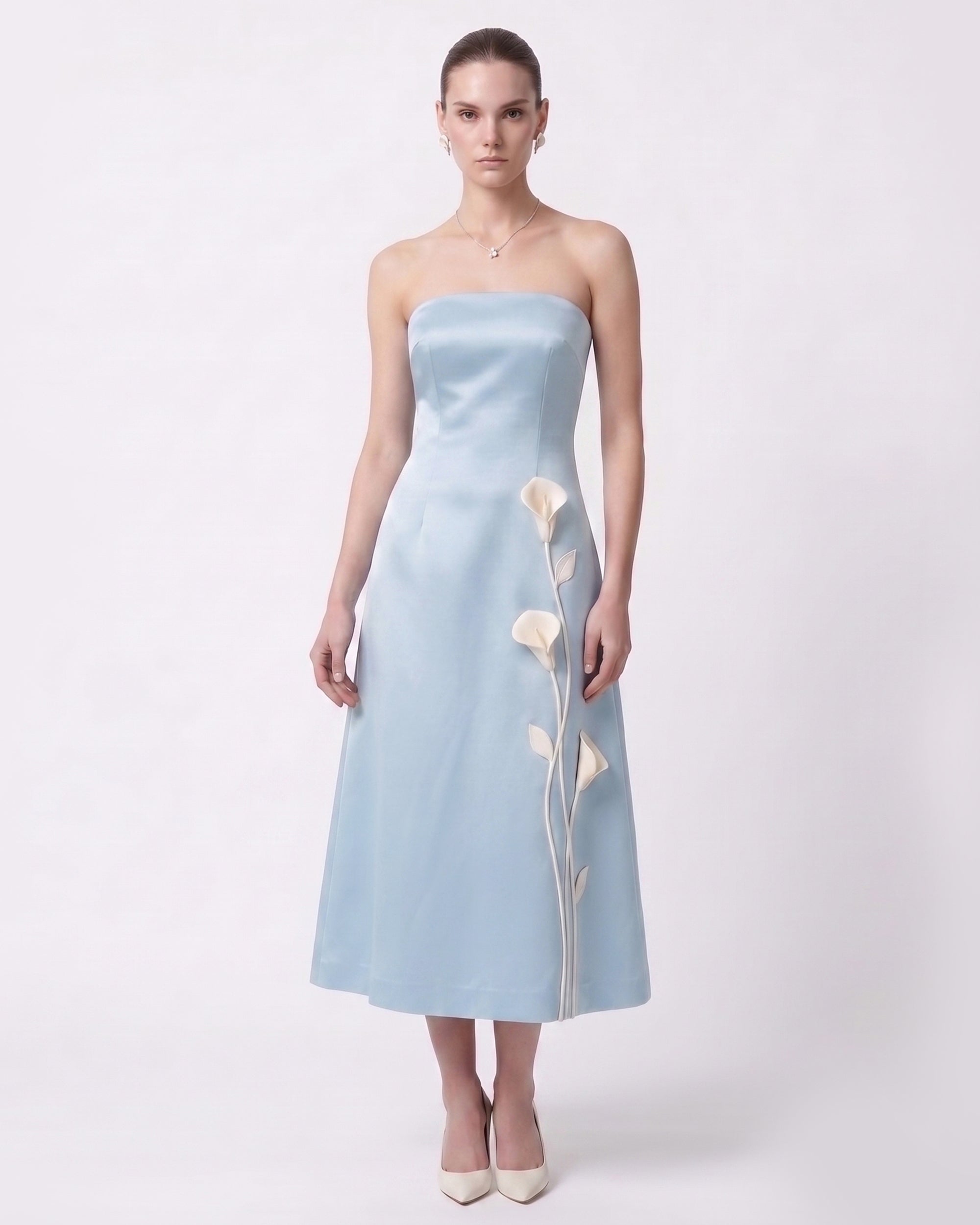 Floral Appliqué Strapless Midi Dress - Light Blue 4