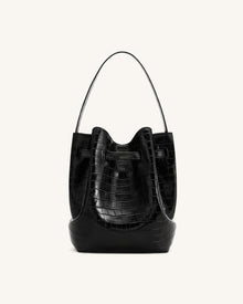 Clara Lock Accent Bucket Shoulder Bag - Black Croc