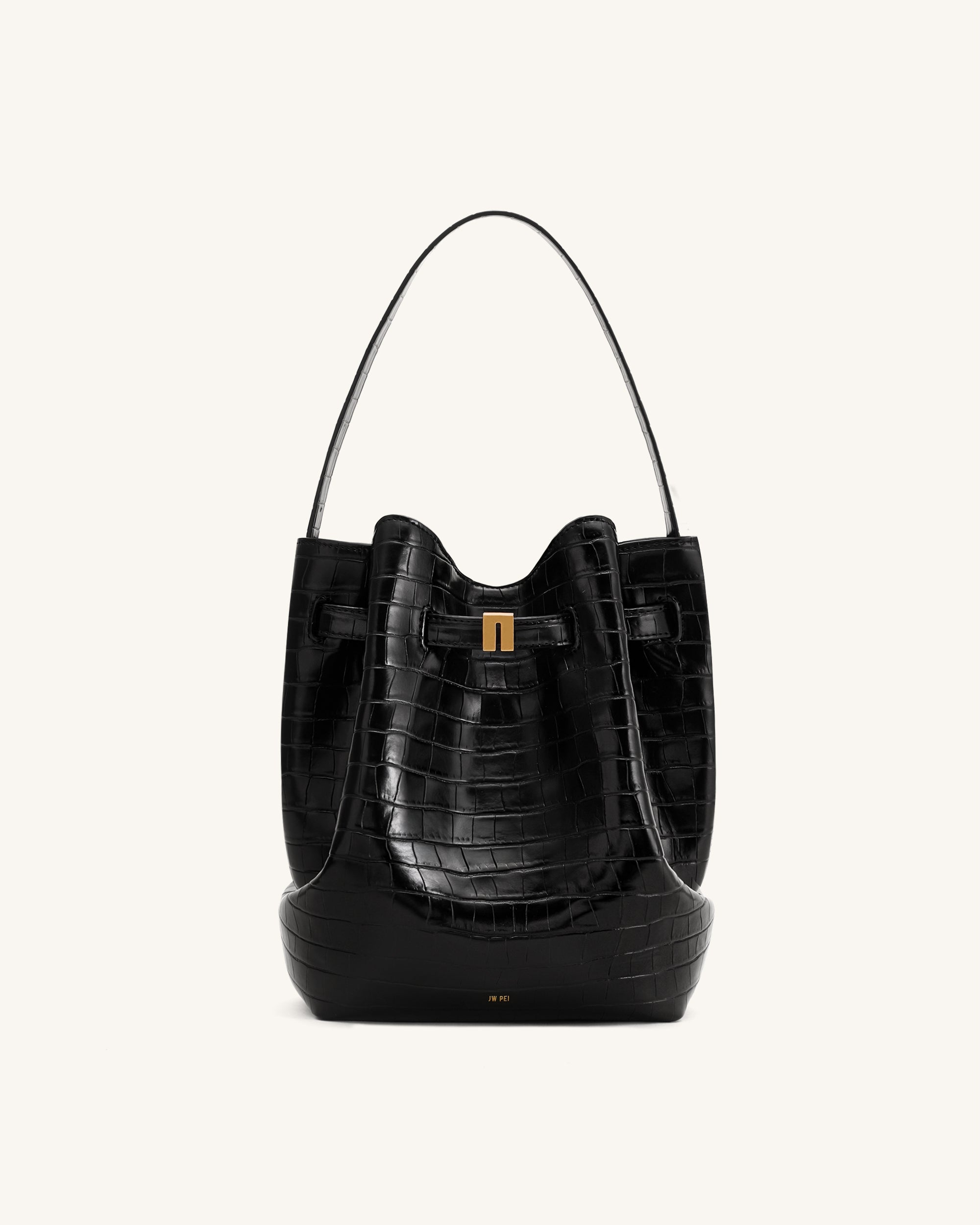 Clara Lock Accent Bucket Shoulder Bag - Black Croc | JW PEI