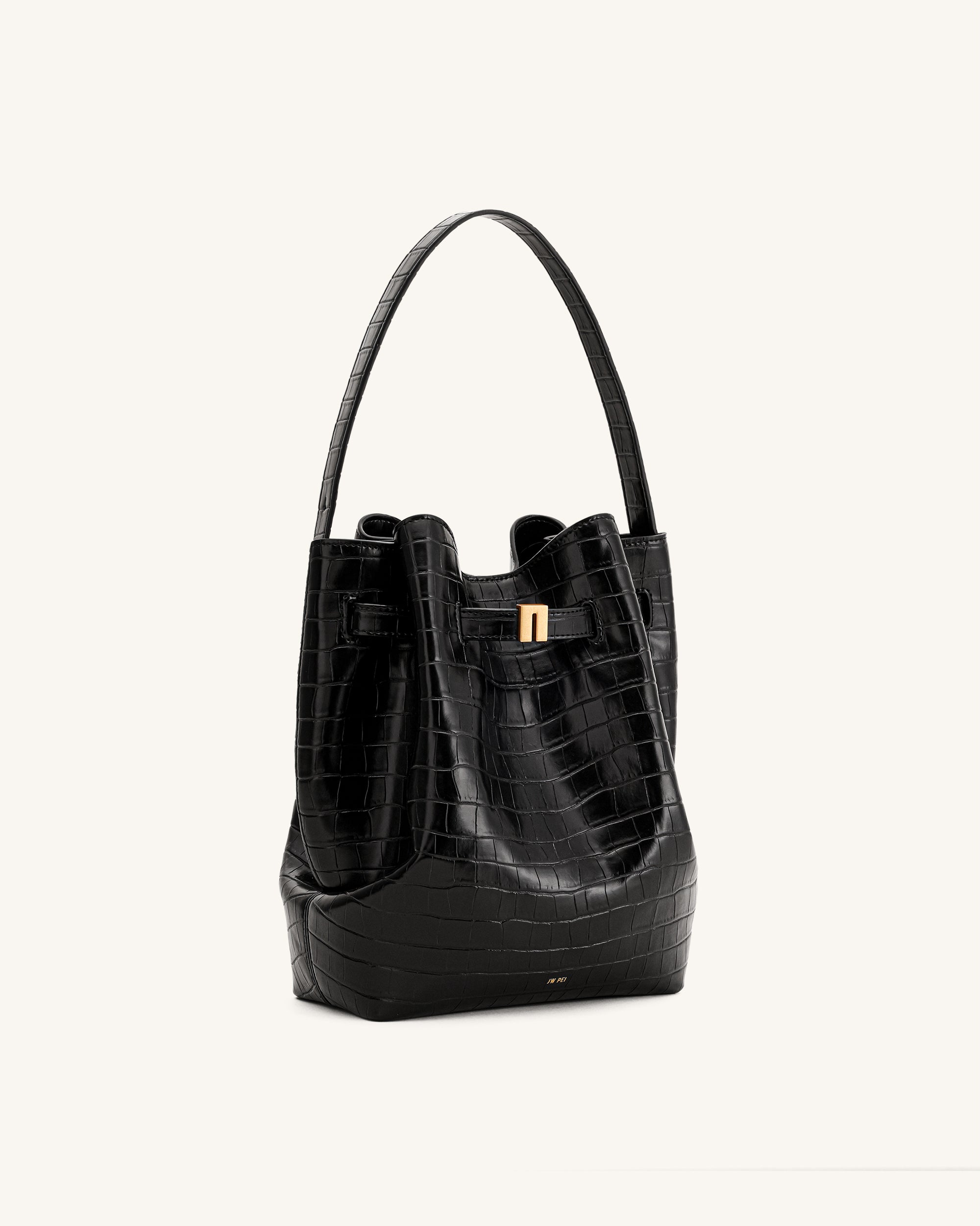 Clara Lock Accent Bucket Shoulder Bag - Black Croc | JW PEI