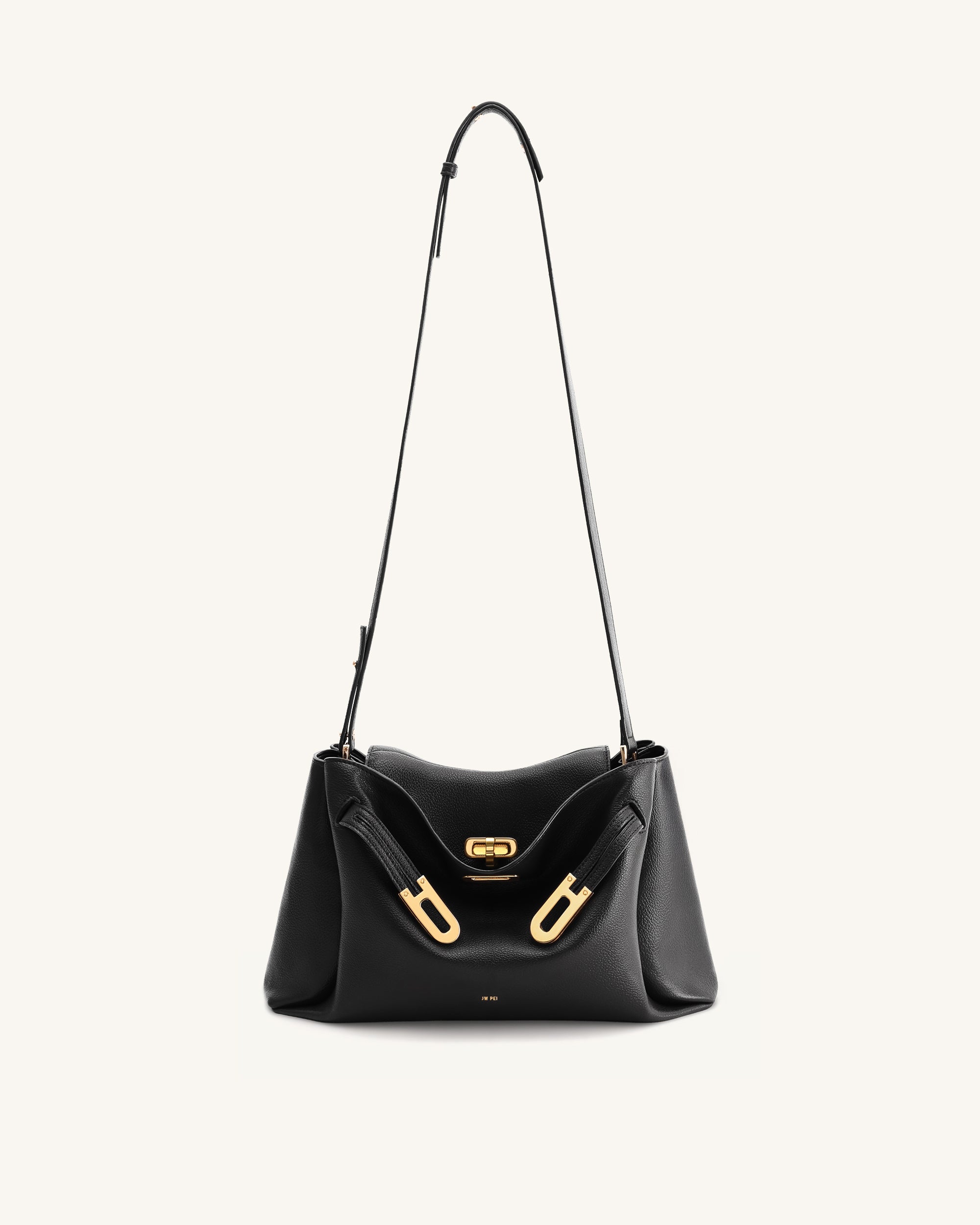 Rhea Pebbled Double Buckle Shoulder Bag - Black | JW PEI