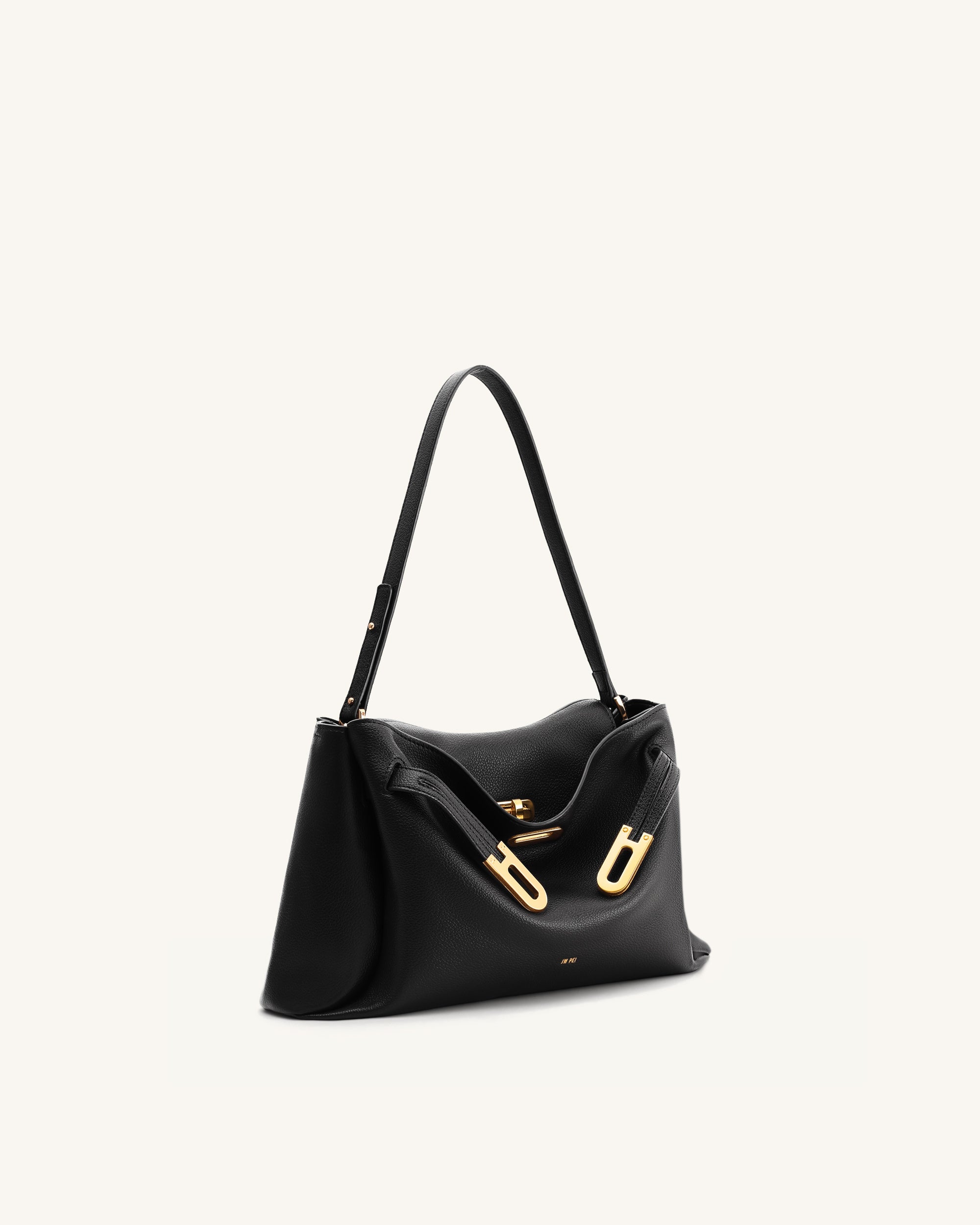 Rhea Pebbled Double Buckle Shoulder Bag - Black