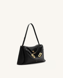 Rhea Pebbled Double Buckle Shoulder Bag - Black