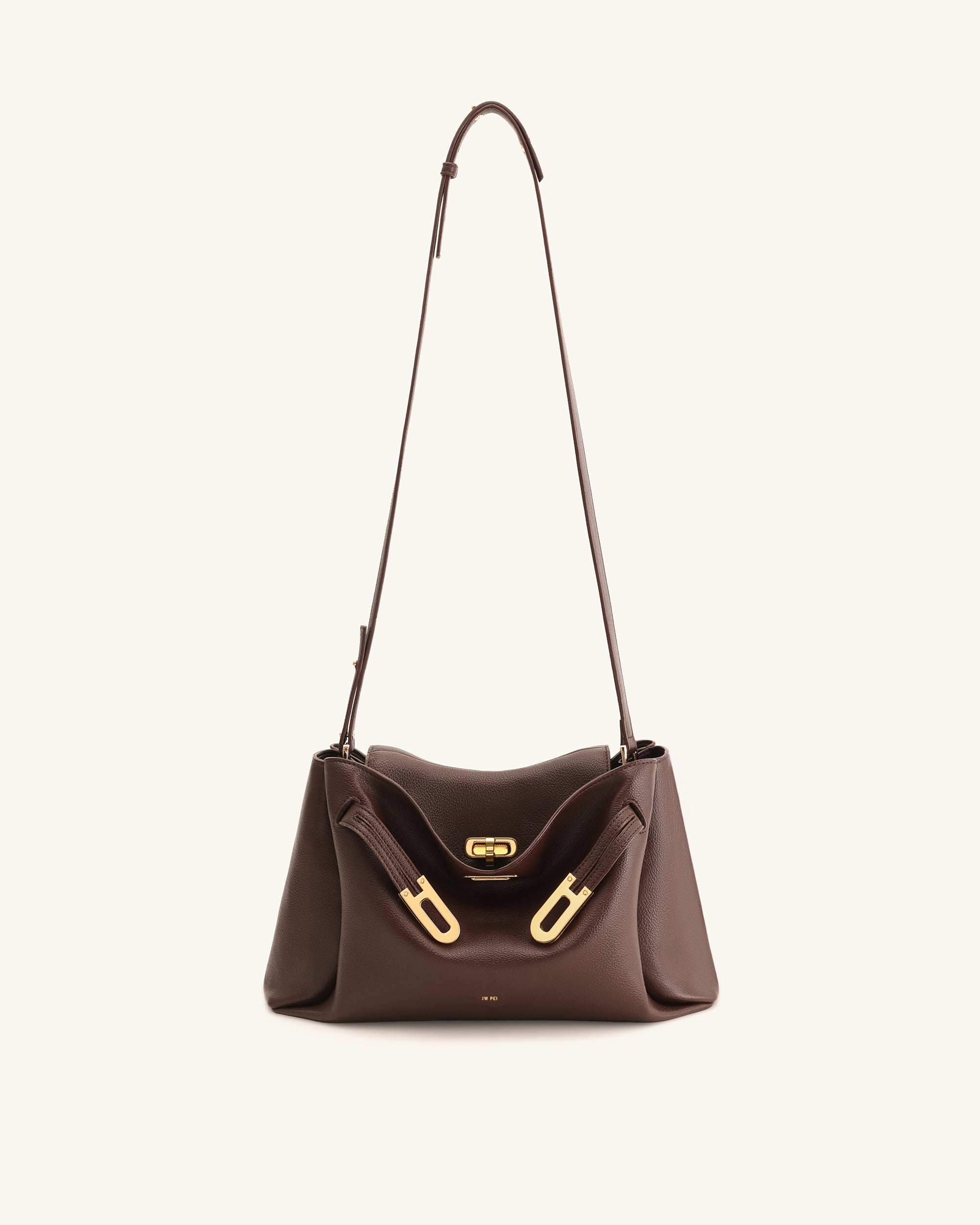 Rhea Pebbled Double Buckle Shoulder Bag - Dark Brown | JW PEI