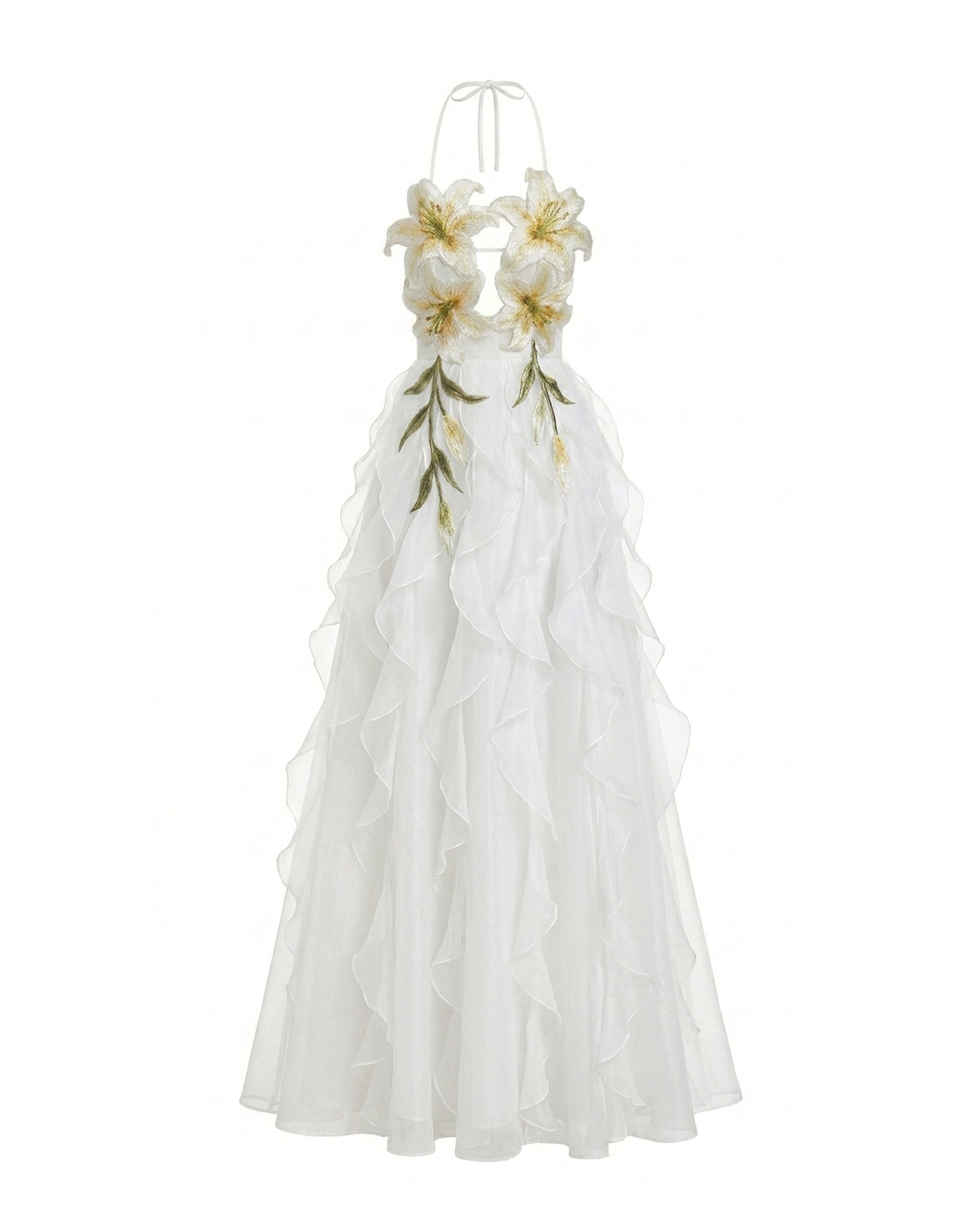 Lily-Embroidered Embroidered Halter Tiered Maxi Dress - White | JW PEI