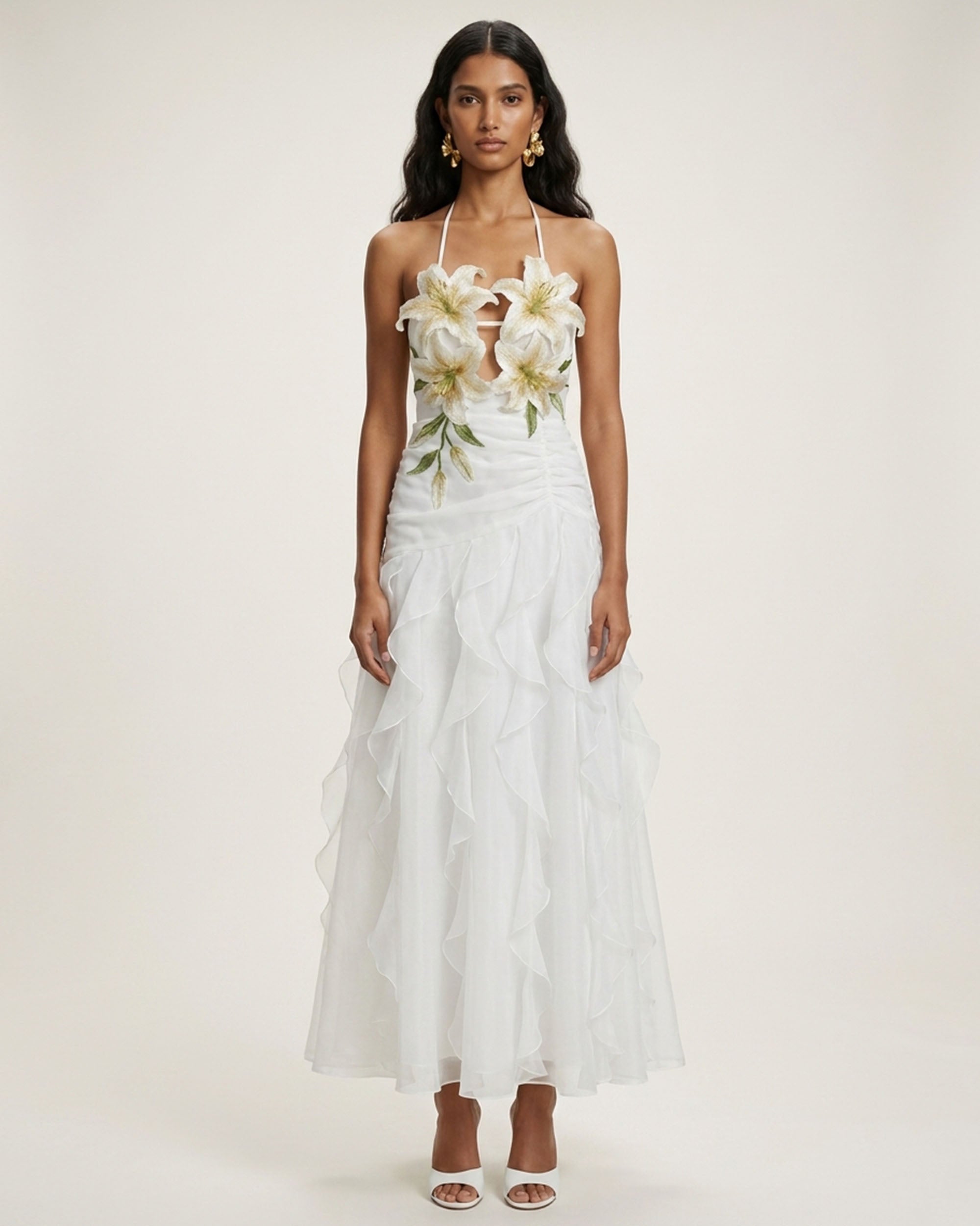 Lily-Embroidered Halter Ruffle Midi Dress - White | JW PEI Lily-Embroidered Halter Ruffle Midi Dress - White | JW PEI