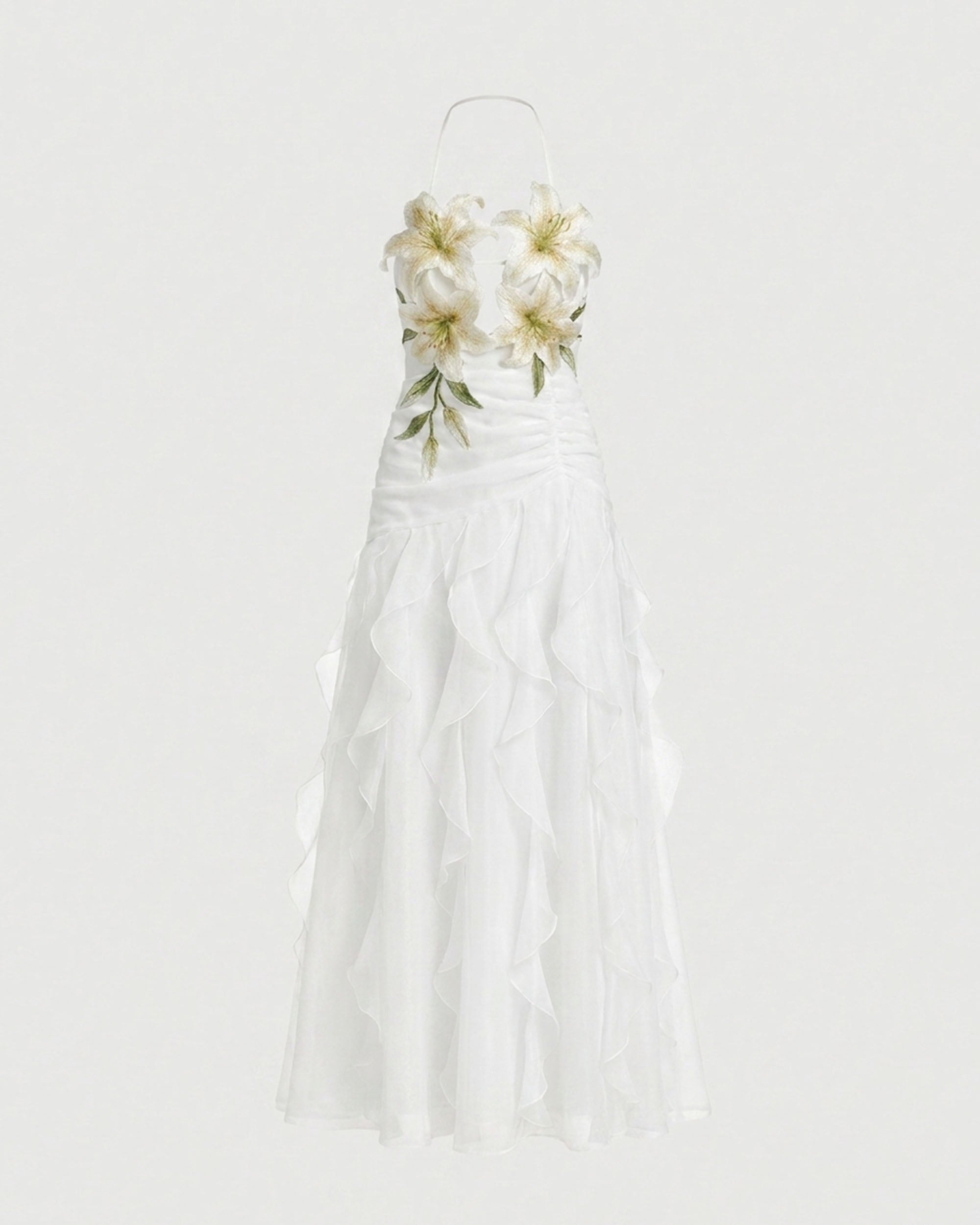 Lily-Embroidered Halter Ruffle Midi Dress - White | JW PEI Lily-Embroidered Halter Ruffle Midi Dress - White | JW PEI
