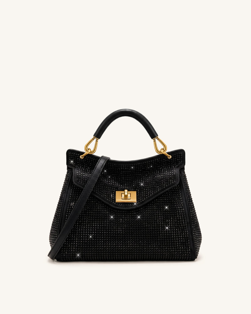 Lucia Classic Artificial Crystal Top Handle Bag - Black