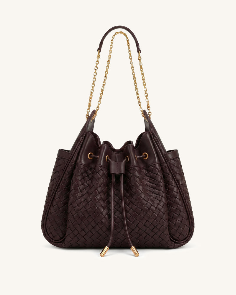Rowan Weaving Ruched Drawstring Chain Bucket Bag - Dark Cherry