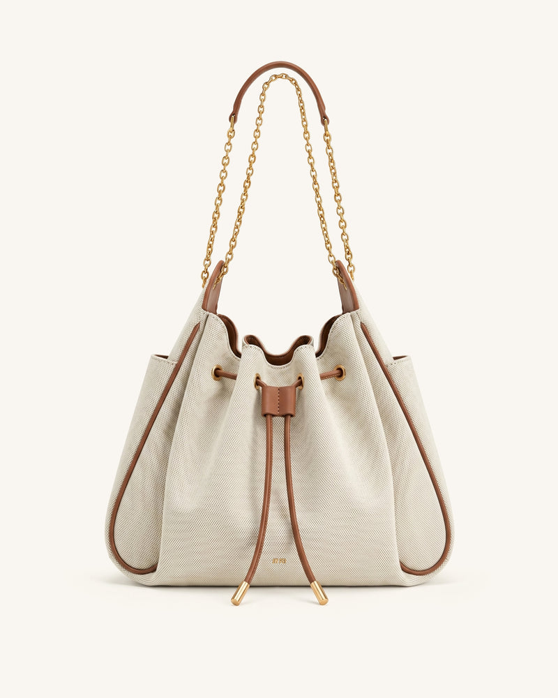 Rowan Ruched Drawstring Chain Bucket Bag - Brown Canvas