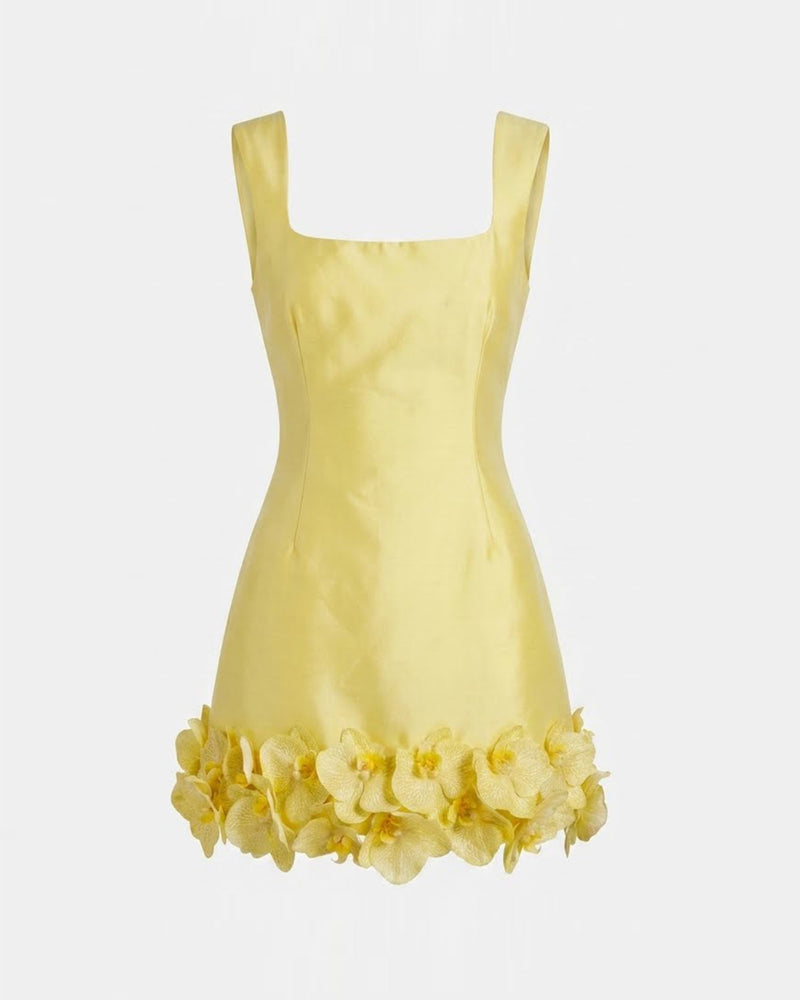 Orchid Embellished Square-Neck Mini Dress - Yellow