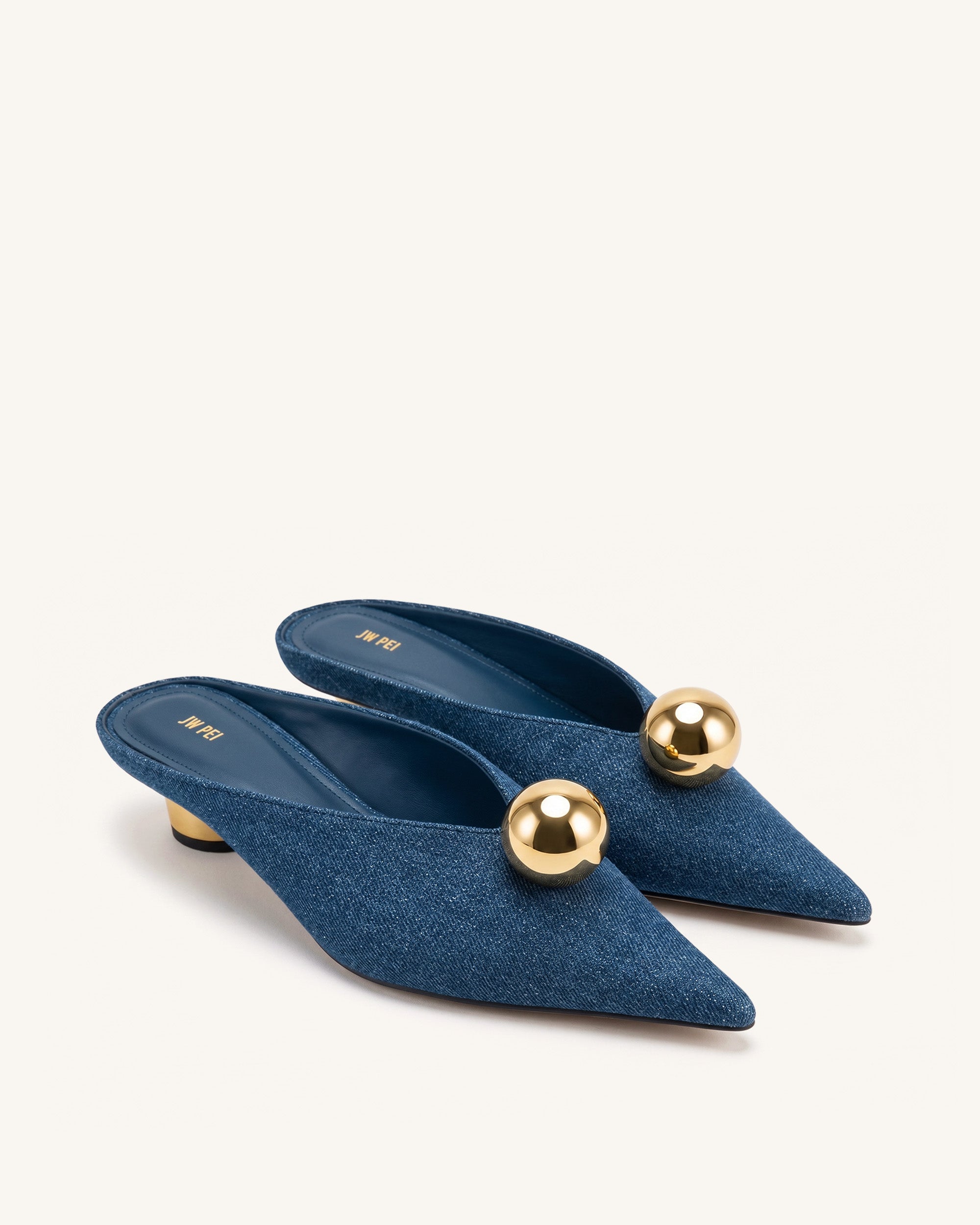 Helena Gold Sphere Pointed Toe Mules - Denim Blue | JW PEI