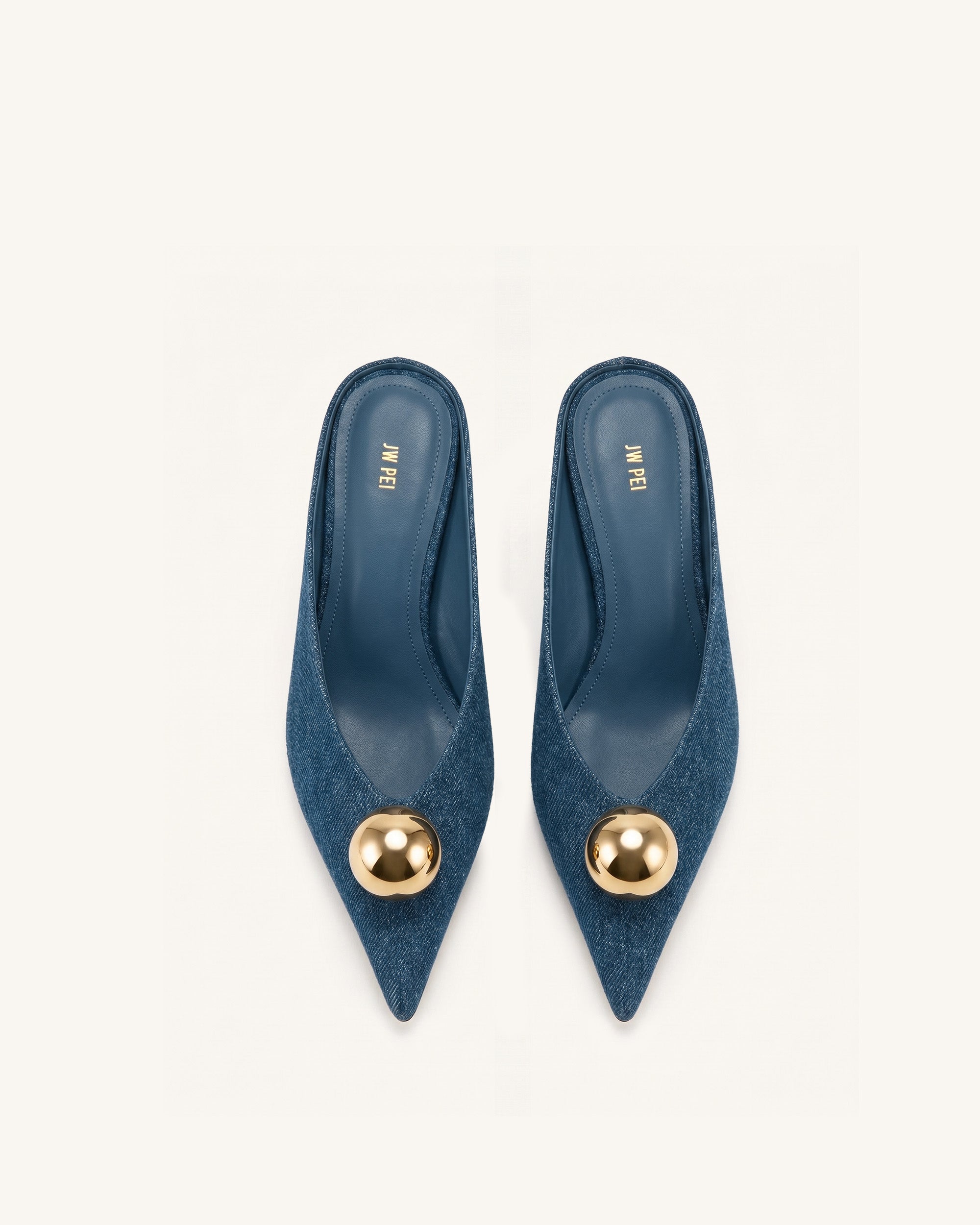 Helena Gold Sphere Pointed Toe Mules - Denim Blue | JW PEI