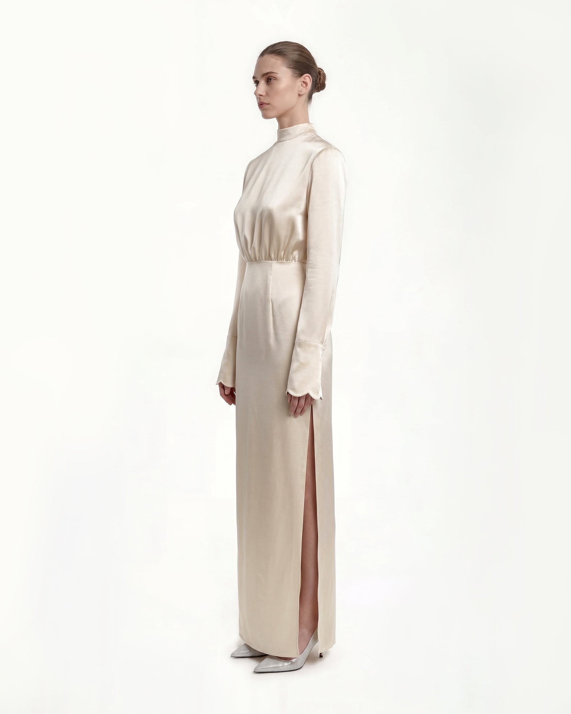 cream silk dress Structured Shoulder Design Satin High-Neck Fitted Maxi Dress - Cream 10