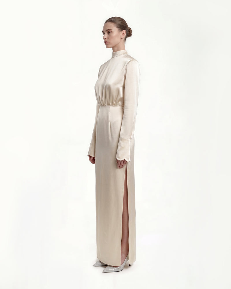 Structured Shoulder Design Satin High-Neck Fitted Maxi Dress - Cream