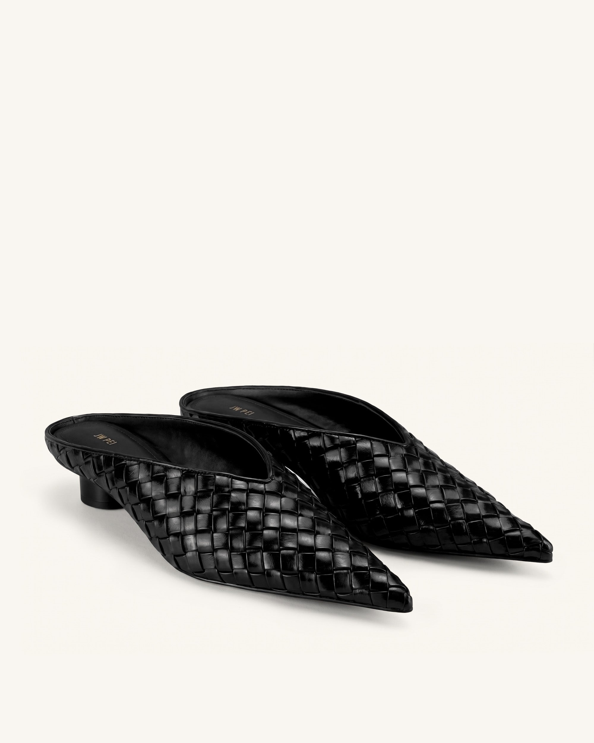 Helena Woven Textured Pointed Toe Mules - Black | JW PEI