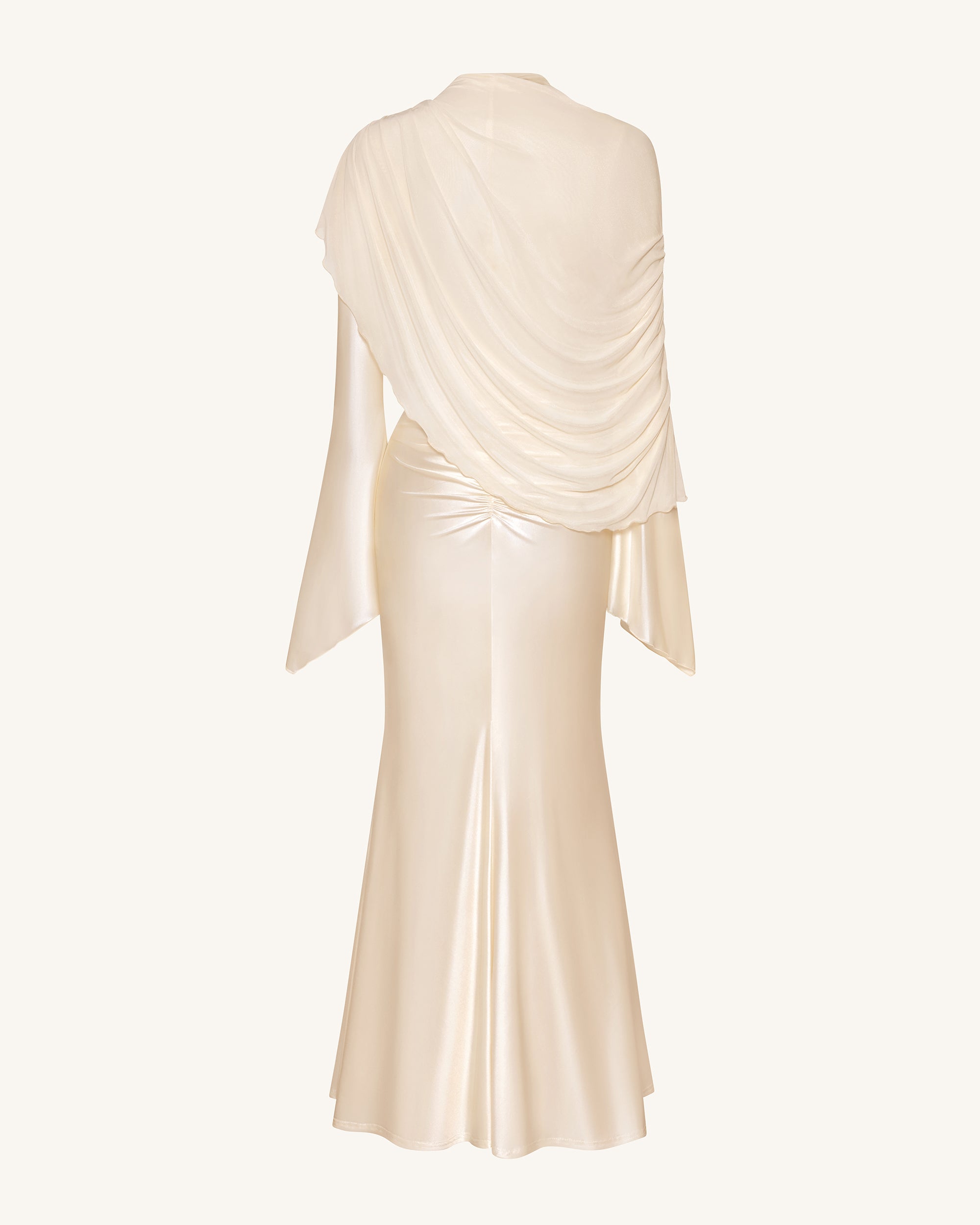 sheer bodycon maxi dress Sheer Shawl Ruched Bodycon Maxi Gown - Cream 4