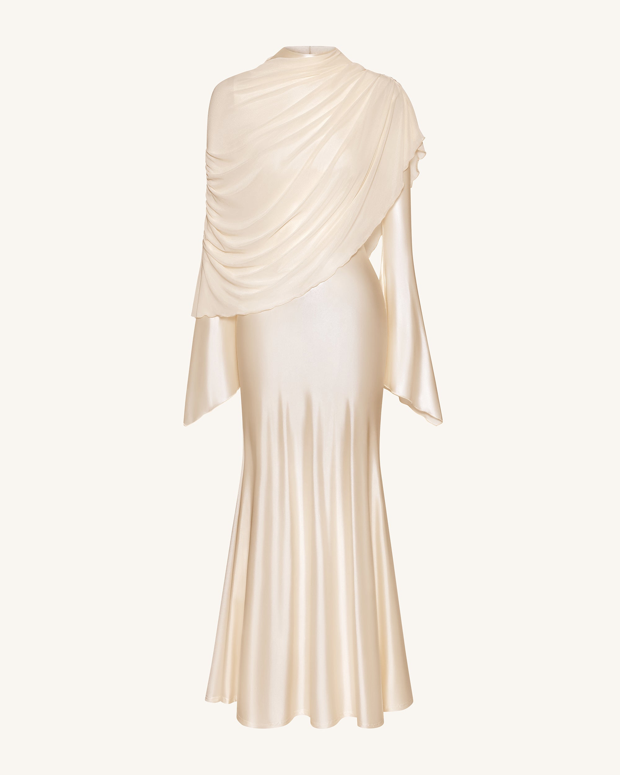 Sheer Shawl Ruched Bodycon Maxi Gown - Cream 4