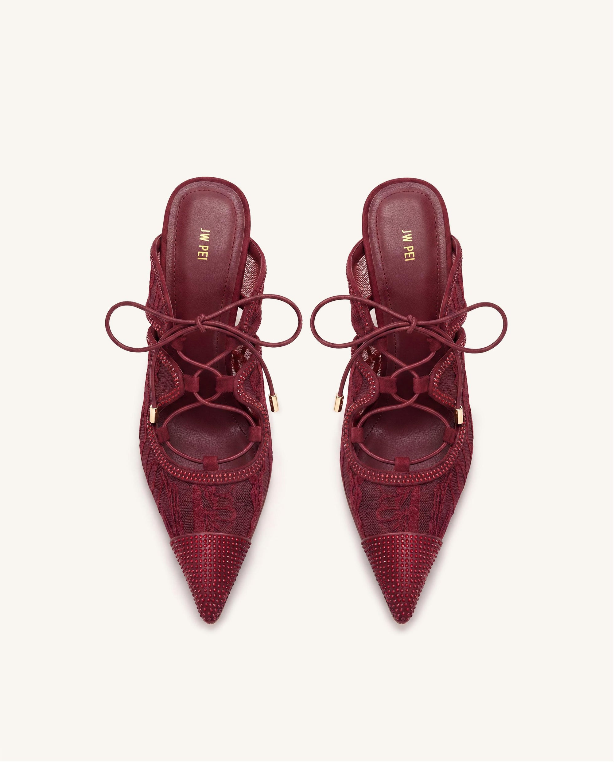 Sofia Lace Bow Mule Heels - Burgundy