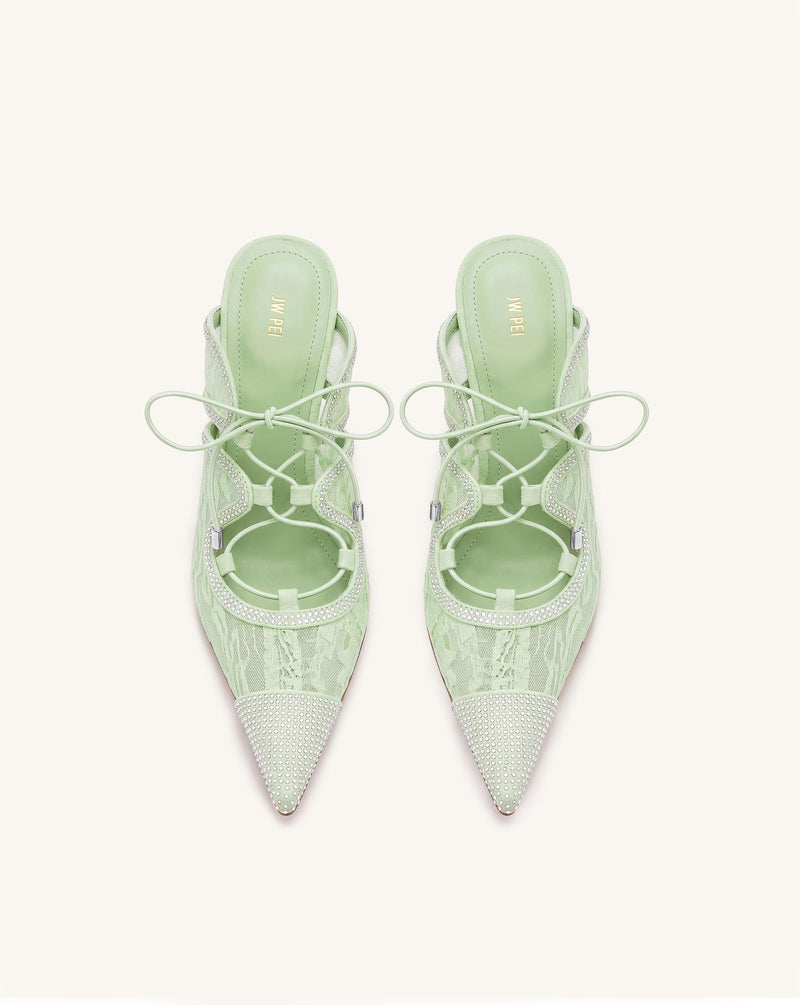Sofia Lace Bow Mule Heels - Nile Green