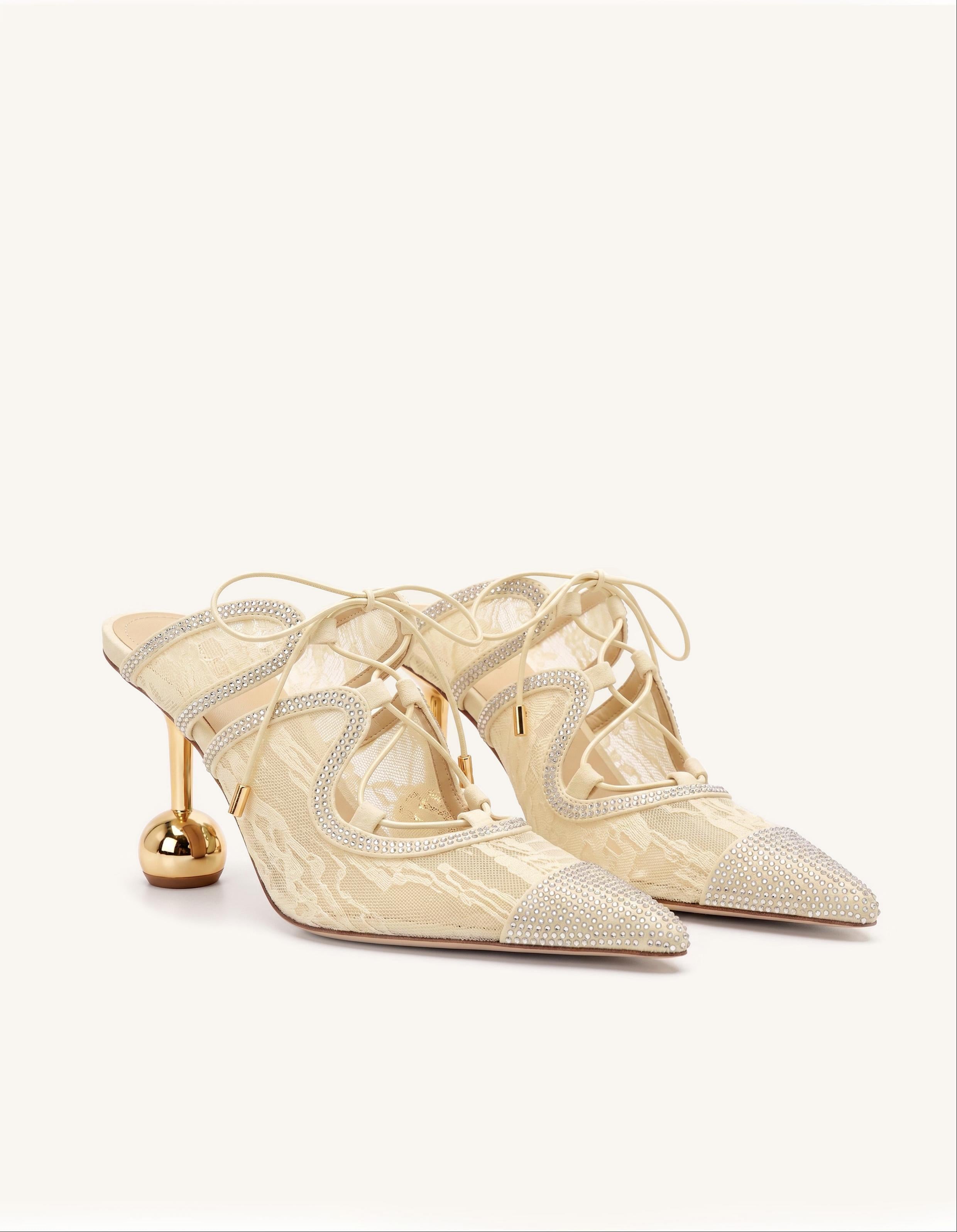 Sofia Lace Bow Mule Heels - Khaki