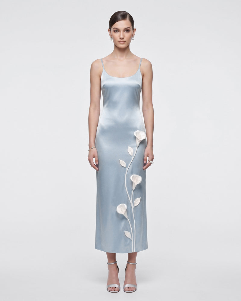 Floral Appliqué Slip Dress - Light Blue
