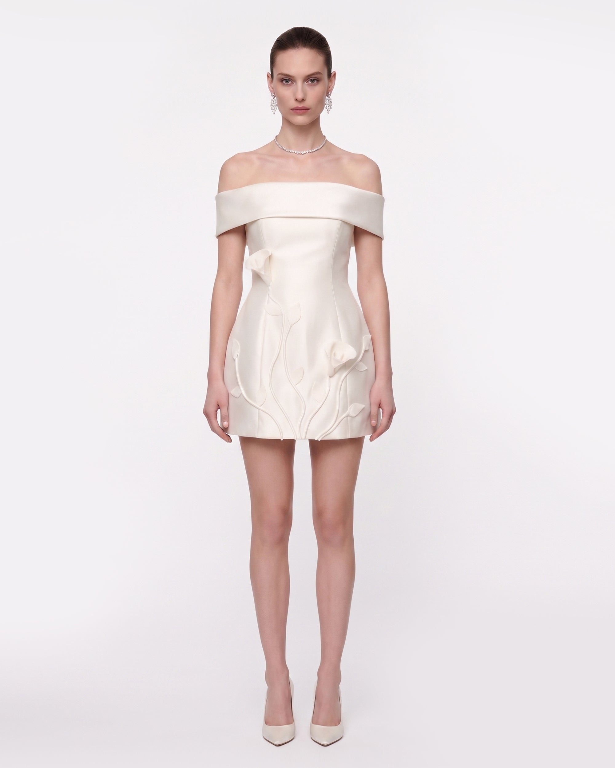white off the shoulder mini dress Floral Appliqué Off-Shoulder Mini Dress - White
