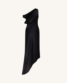 Satin Draped One-Shoulder Asymmetric Dress - Black