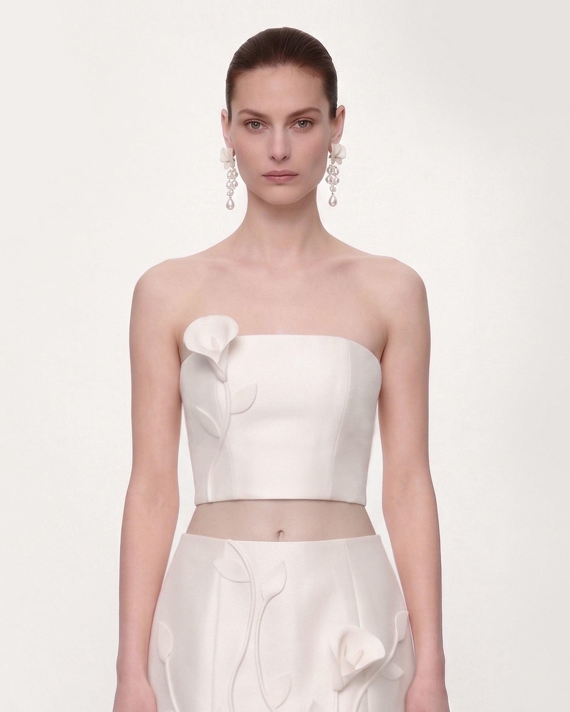Floral Appliqué Strapless Crop Top - White