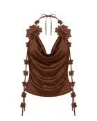 Floral Embellshed Cowl-Neck Top - Brown