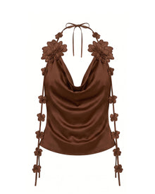 Floral Embellshed Cowl-Neck Top - Brown