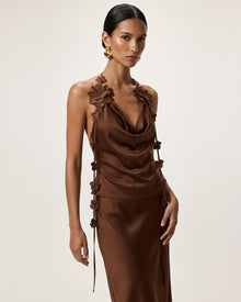 Floral Embellshed Cowl-Neck Top - Brown