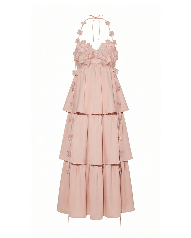 Floral Embellished Tiered Halter Maxl Dress - Blush Pink