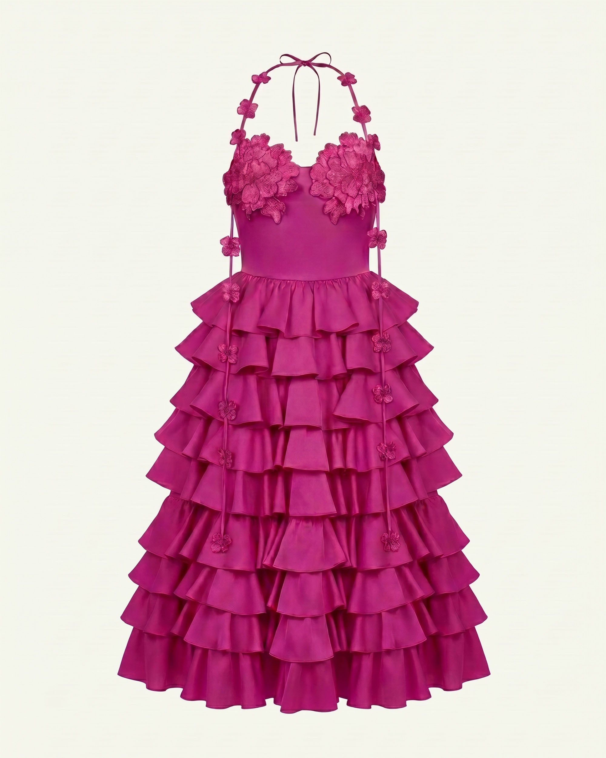 fuchsia halter dress Floral Embellished Tiered Halter Maxi Dress - Fuchsia