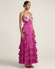 Floral Embellished Ruffle Halter Maxi Dress - Fuchsia