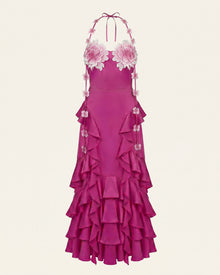 Floral Embellished Ruffle Halter Maxi Dress - Fuchsia