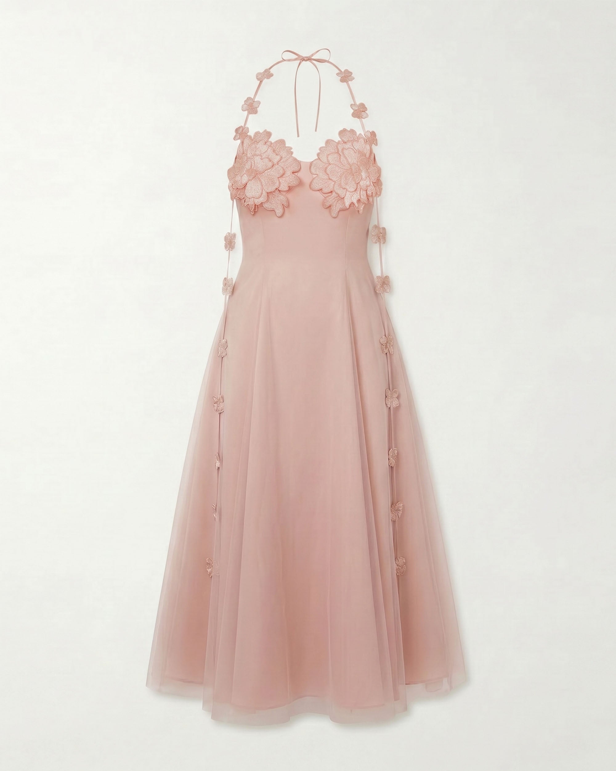 floral tulle maxi dress Floral Embellished Halter Tulle Maxi Dress - Blush Pink