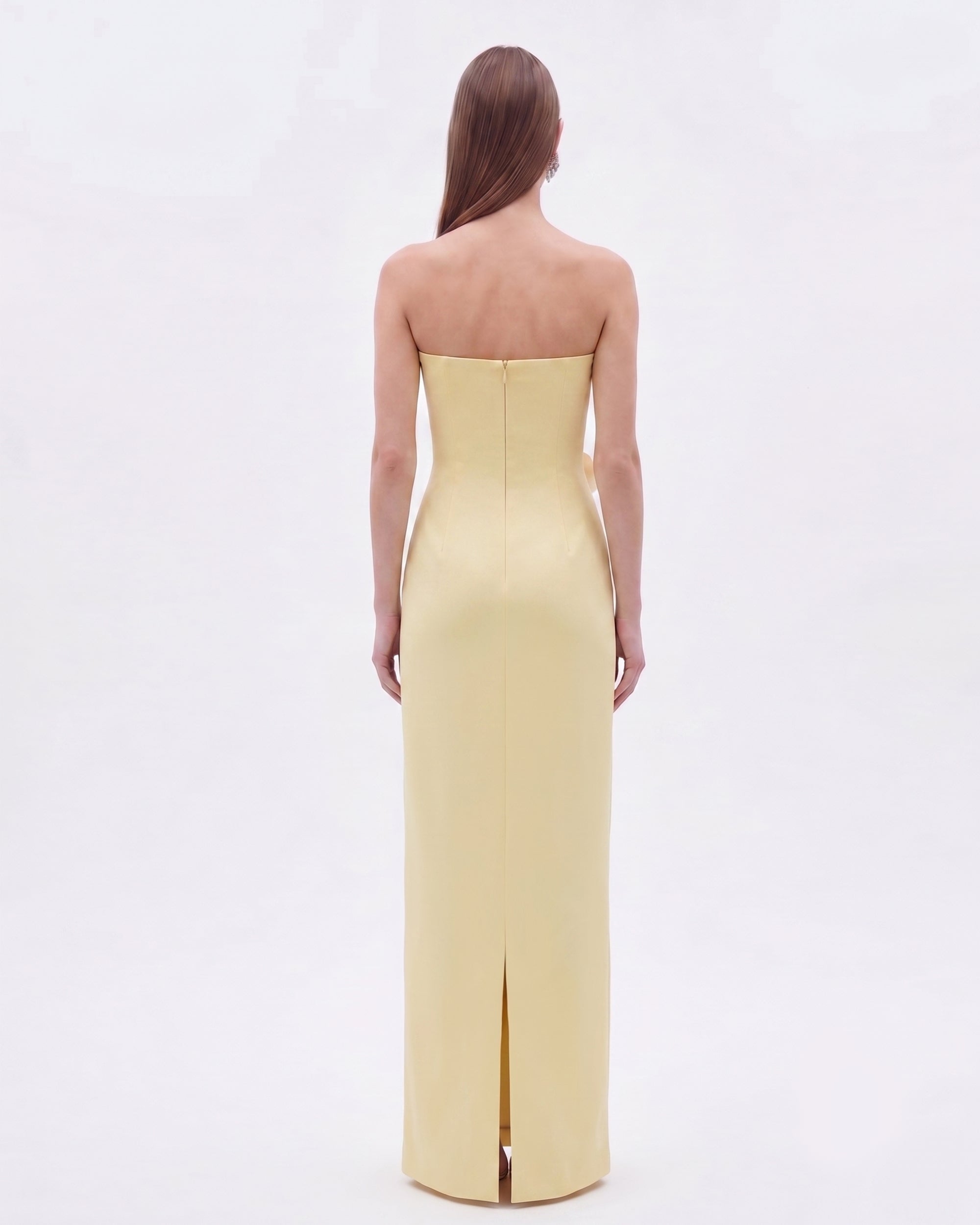 long strapless yellow dress Floral Appliqué Strapless Dress - Yellow