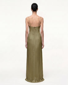 Iris Motif Satin Slip Gown - Olive Green