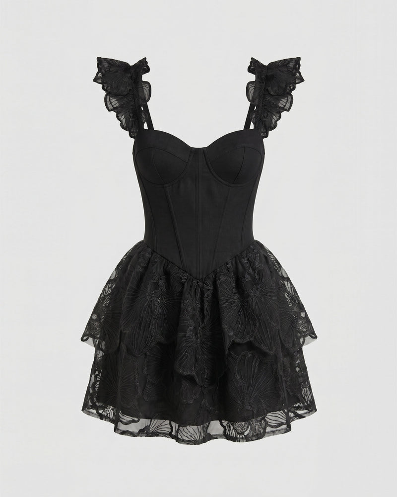 Orchid Embroidered Corset Mini Dress - Black