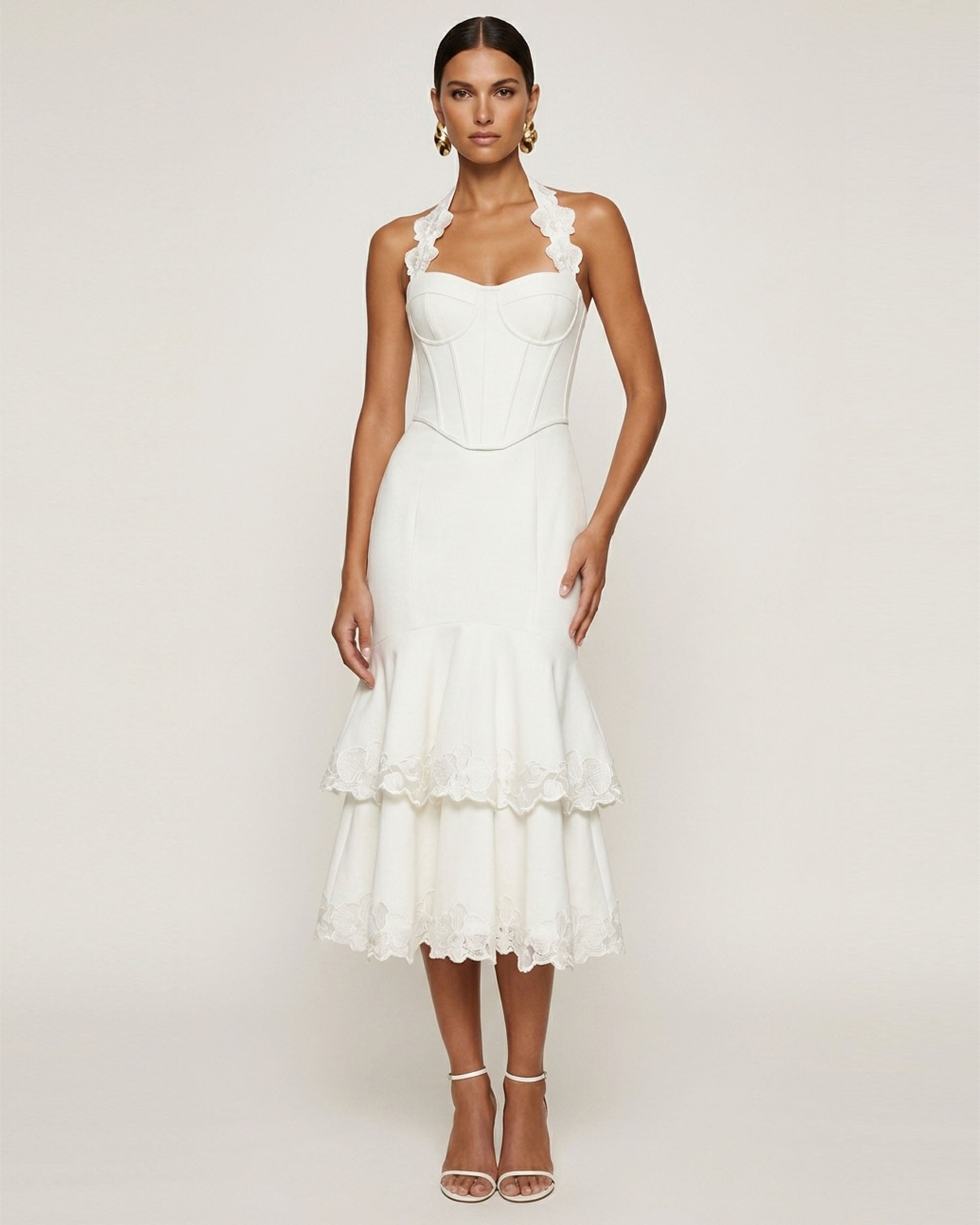 Orchid Embroidered Halter Corset Midi Dress