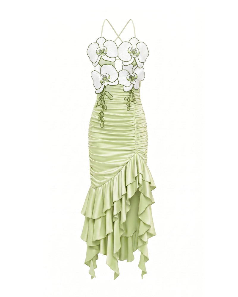 Orchid Embellished Ruched Ruffle Dress - Light Green