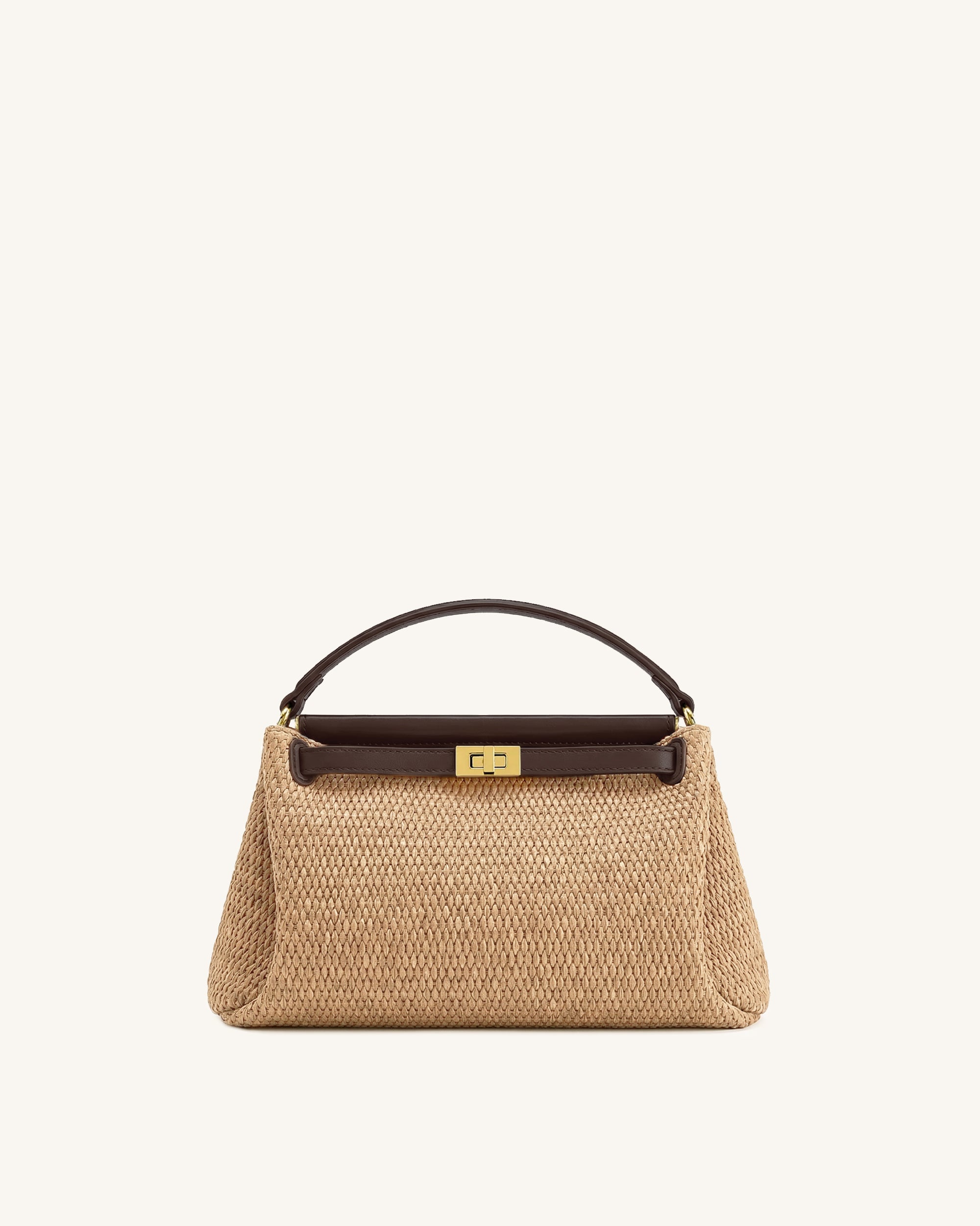 Carmen Faux Straw Weave Top Handle Bag - Khaki Brown