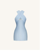 Satin Mini Dress with Tulle Cross-Halter - Blue