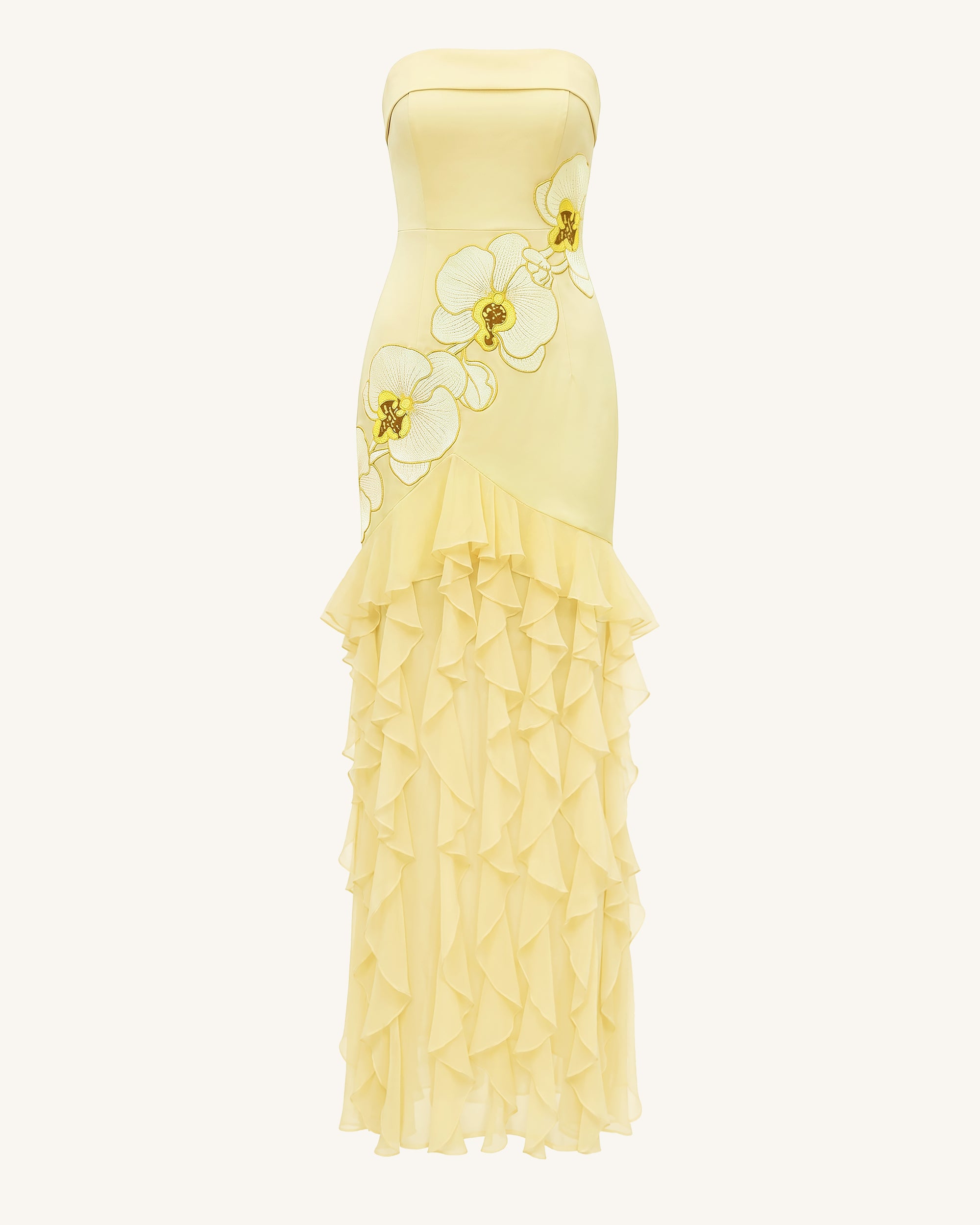 Orchid Embroidered Ruffled Strapless Maxi Dress - Pale Yellow 8